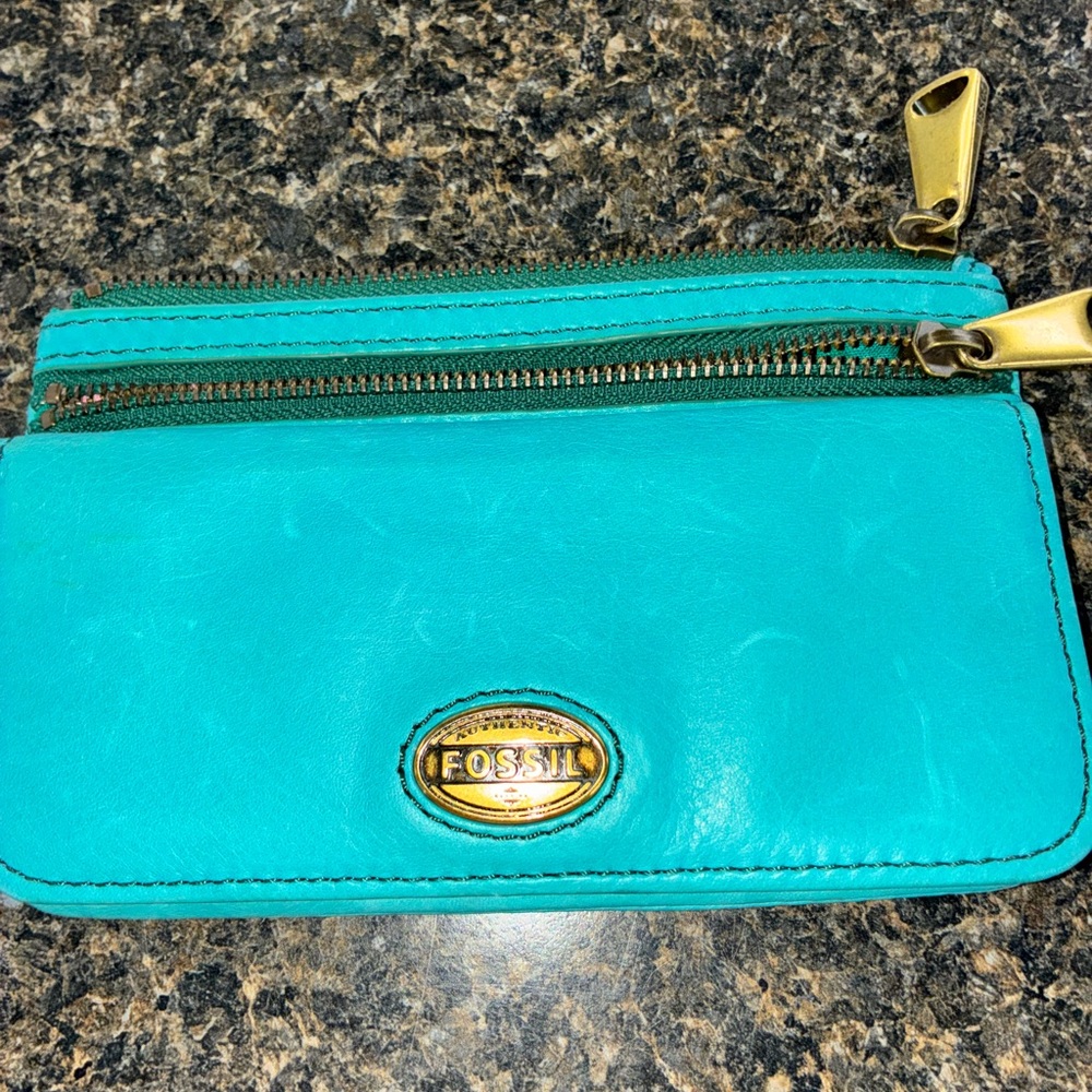 Fossil Turquoise Leather Wallet with Brass Zipper
